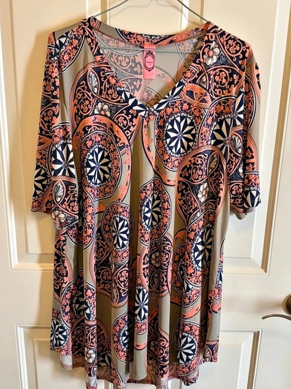 Honeysuckle + Curry Geometric Mini Dress in Orange & Blue Like New
